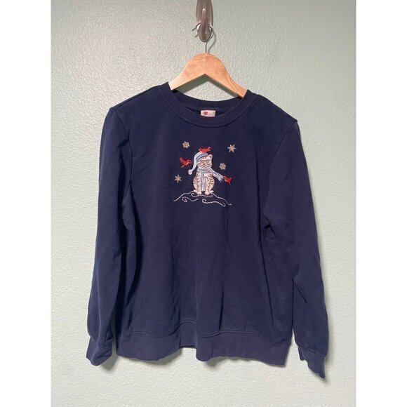 Holiday‎ Editions Women's Navy Cat Winter Christmas Holiday Sweater Size Large - Picture 1 of 6